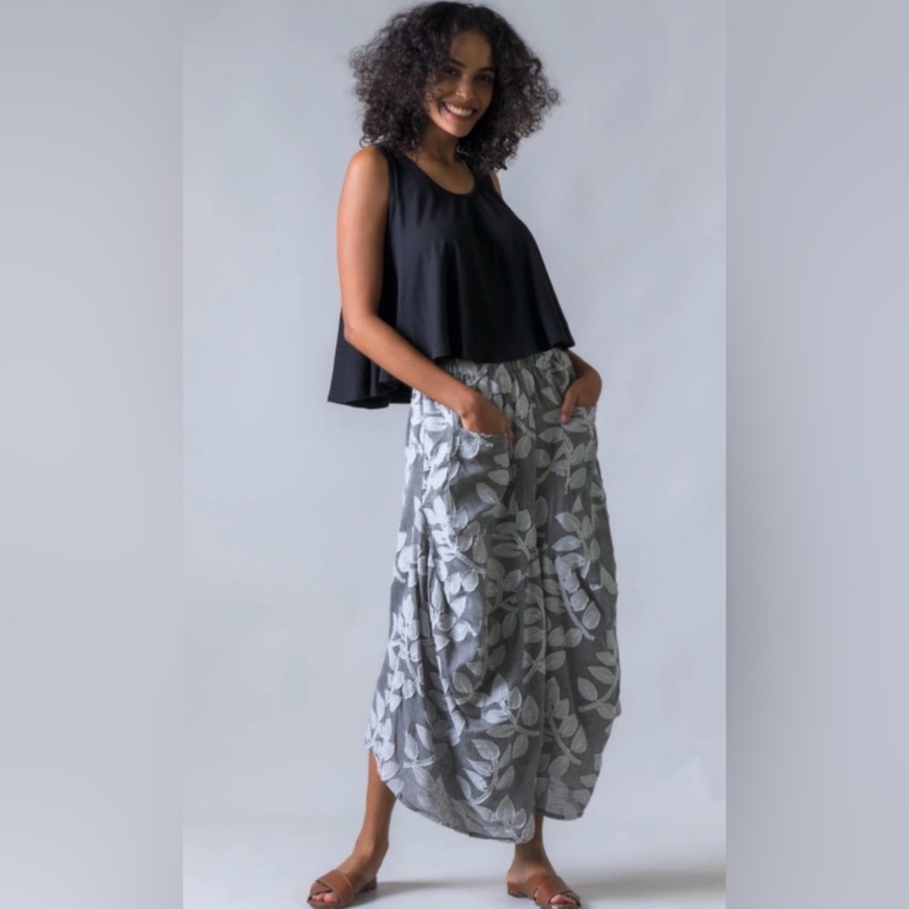 Boho Rhea Jacquard Wide Leg Pants Leaf Print Elastic Waist Grey Size L/XL Boho